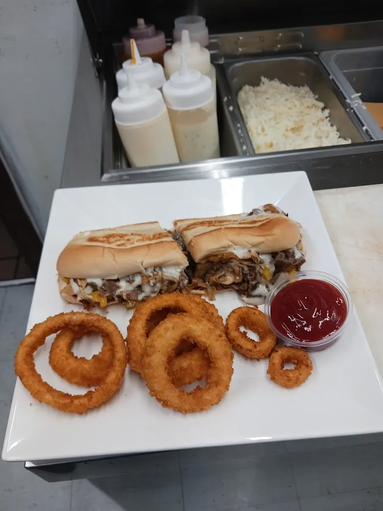 Philly Cheesesteak and Onion Rings